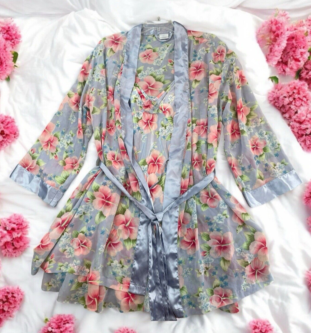 VTG Cabernet Satin & Sheer Floral Robe Nightgown Set Sz Large Fairy Cottagecore